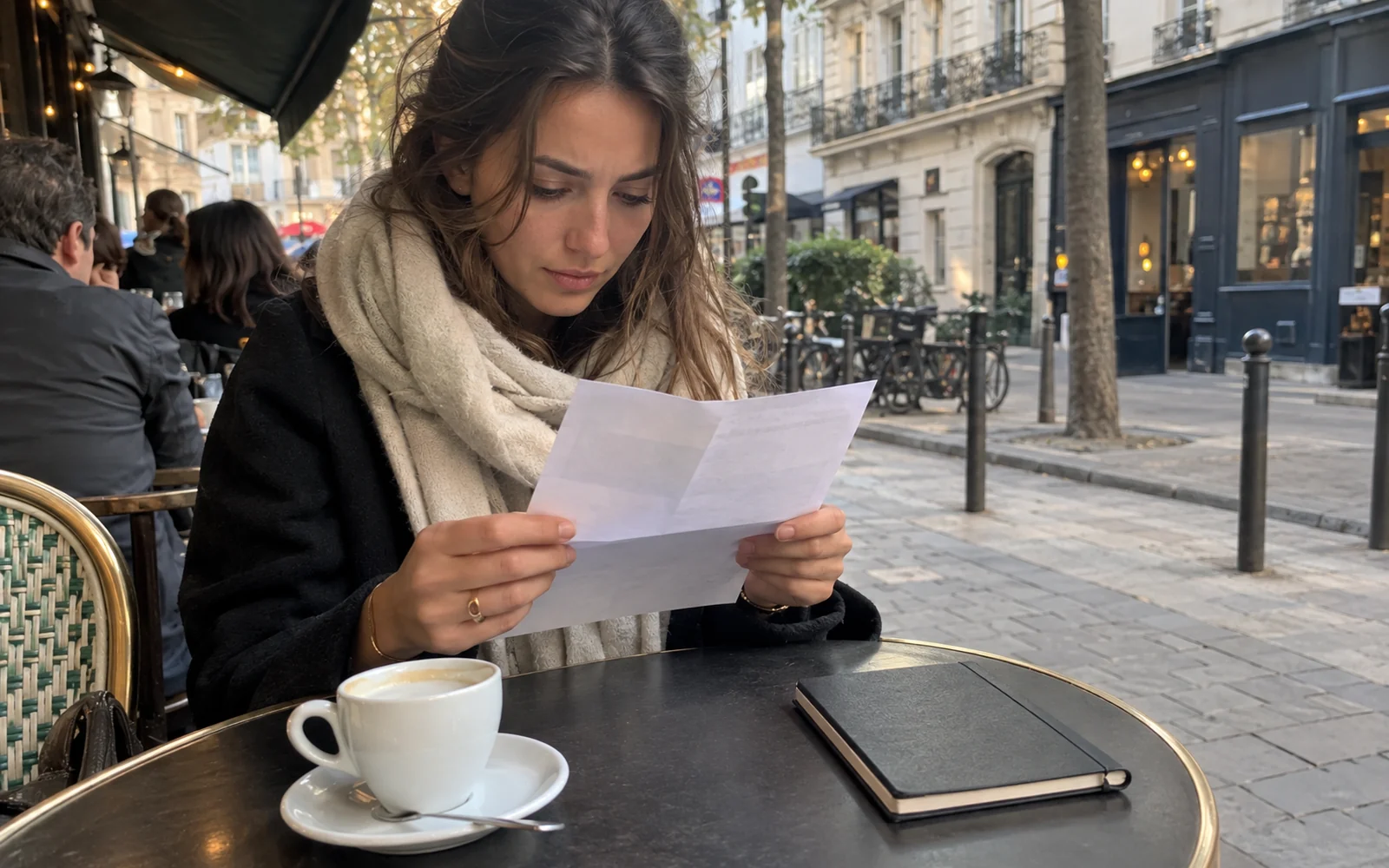 Jeune femme lisant attentivement un courrier à la terrasse d’un café parisien.
