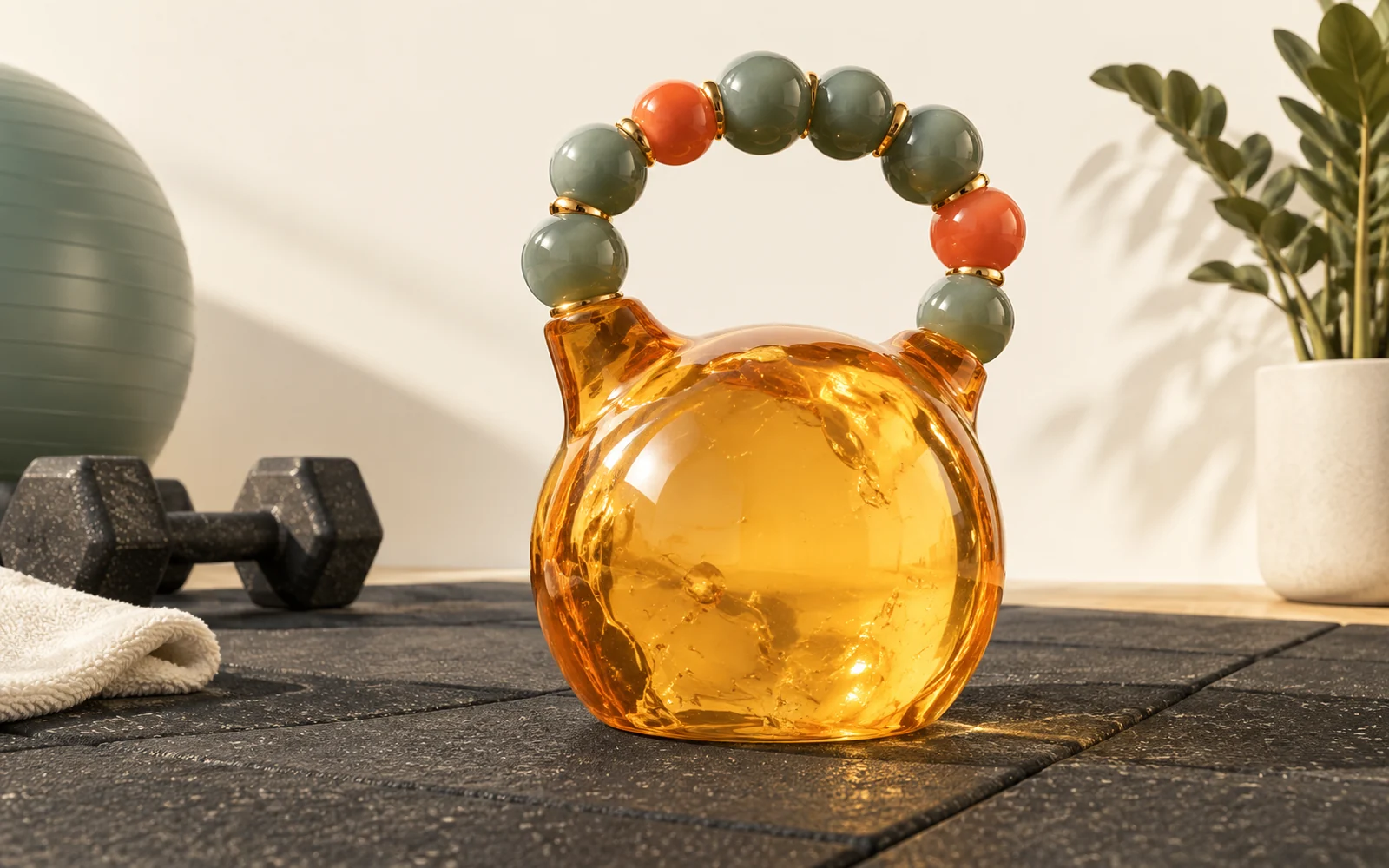 Kettlebell en résine ambrée dont la poignée est une chaîne de perles, posée sur un sol de salle de sport.