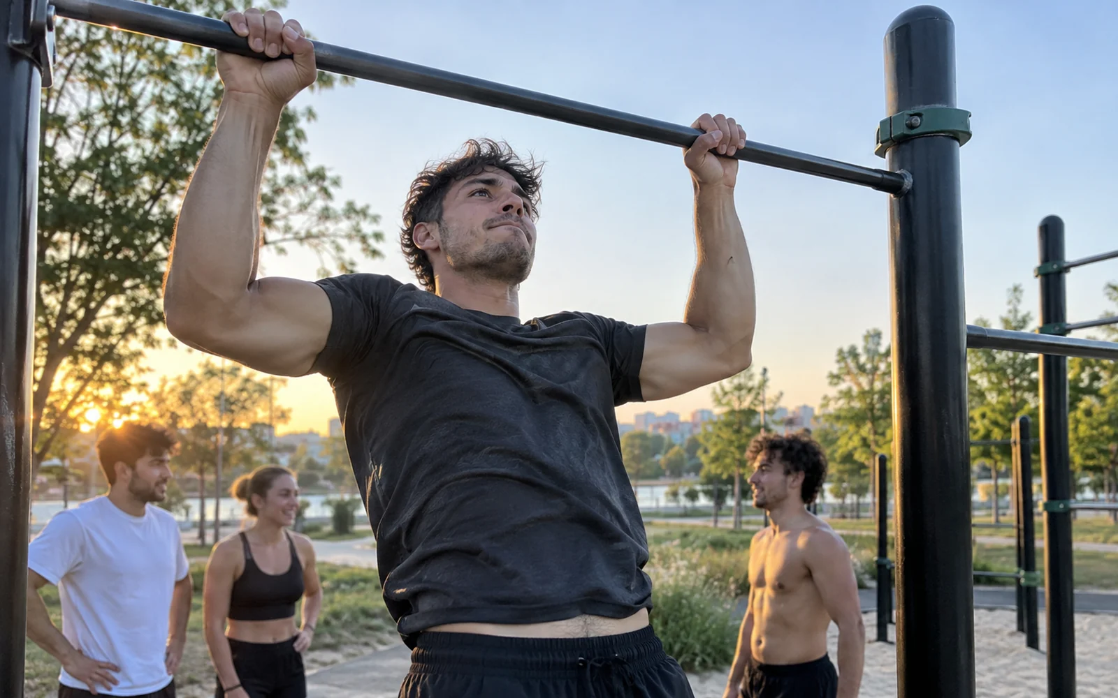 Jeune homme faisant des tractions dans un parc de street workout, entouré d’amis.