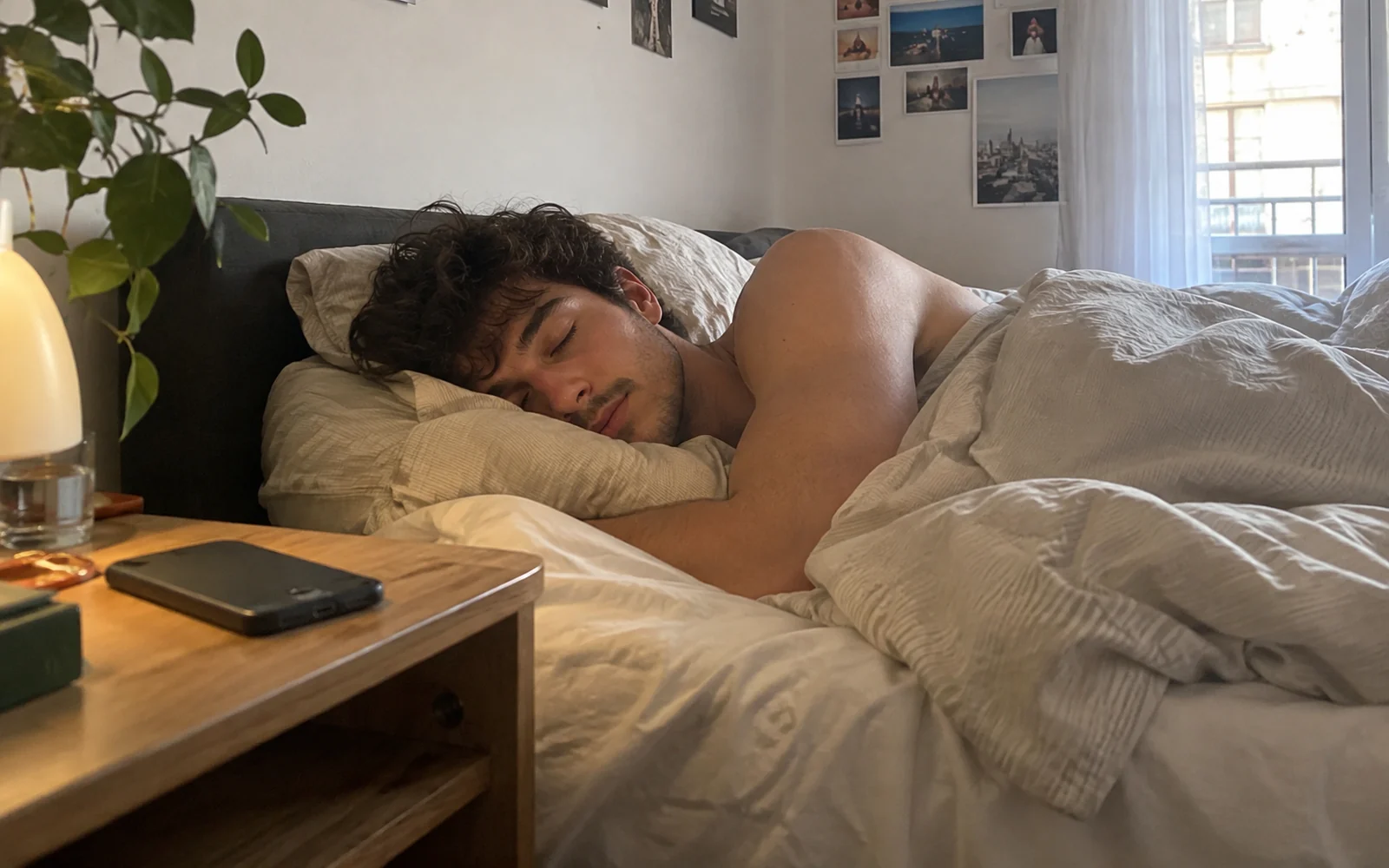 Jeune homme endormi au petit matin, téléphone retourné sur la table de nuit.