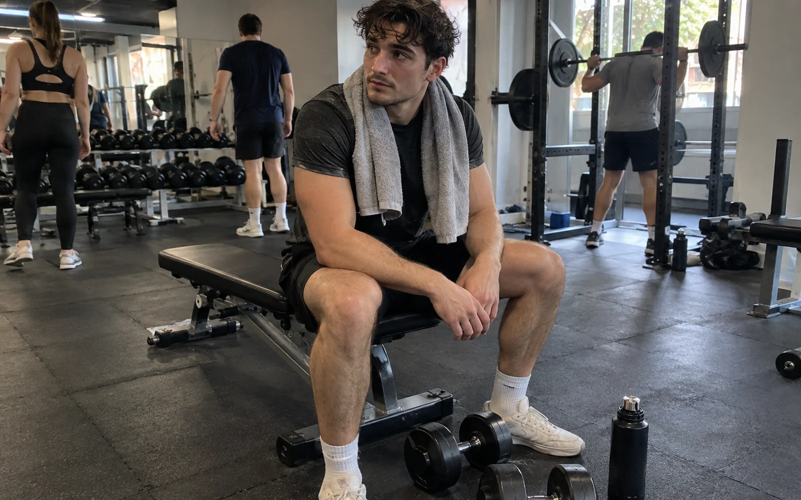 Jeune homme assis sur un banc de musculation entre deux séries, une serviette autour du cou, l’air pensif.