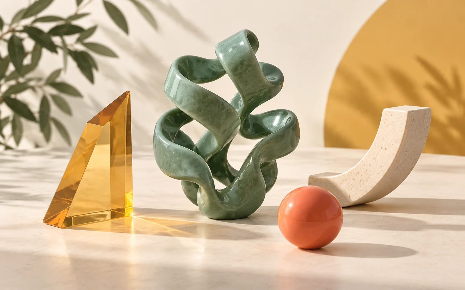 Vue d’artiste : plusieurs pièces géométriques différentes réunies autour d’un même objet jade.