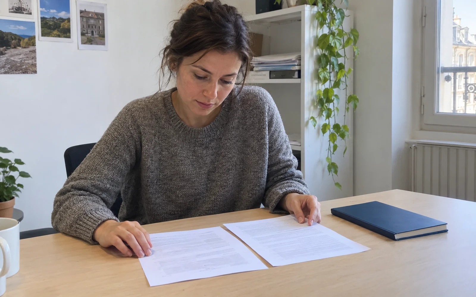 Une jeune femme lit deux feuilles à une table près d’une fenêtre, avec un carnet bleu fermé à proximité.