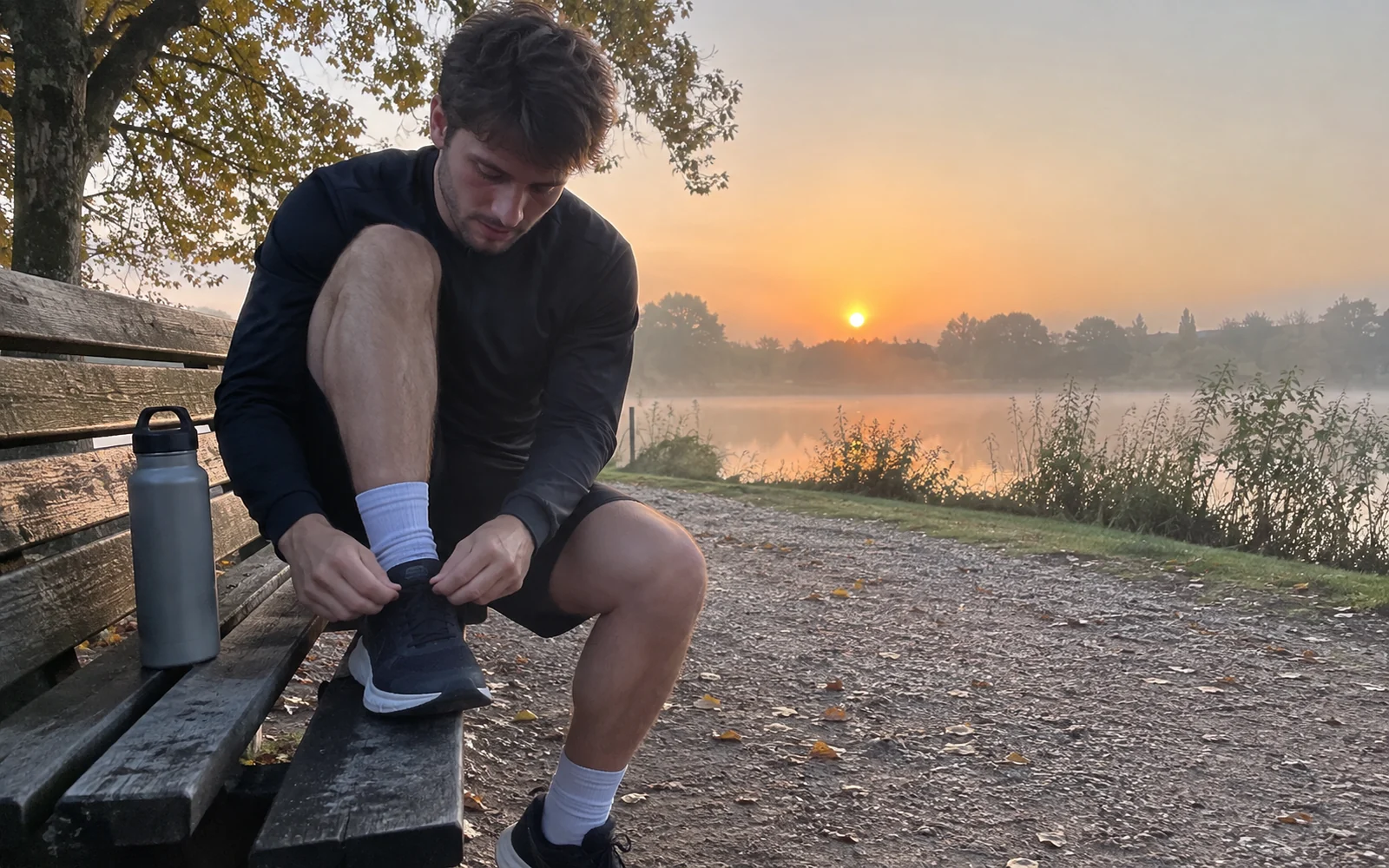 Jeune homme laçant ses chaussures de course sur un banc de parc au lever du soleil.