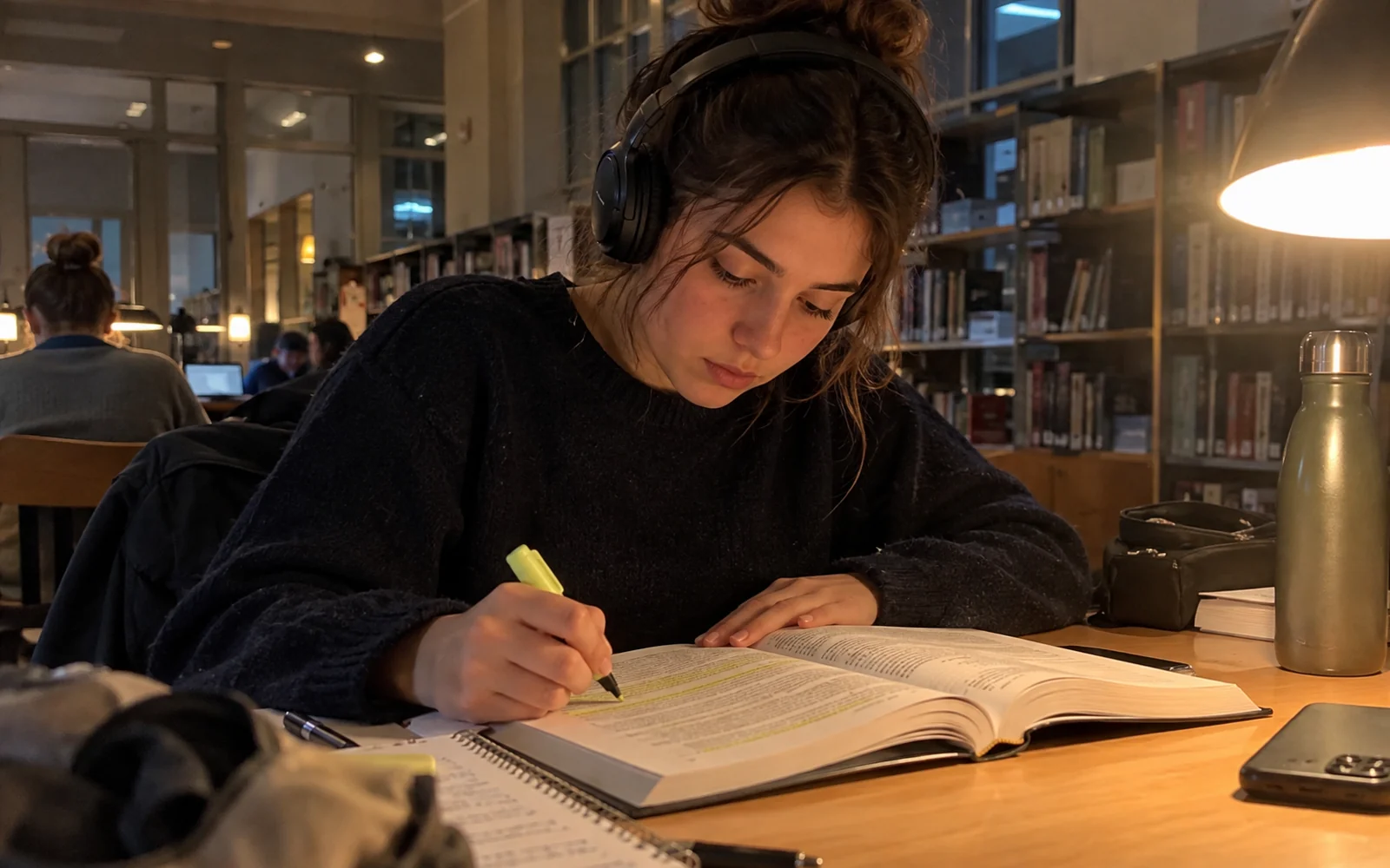 Étudiante avec un casque surlignant un livre dans une bibliothèque le soir.