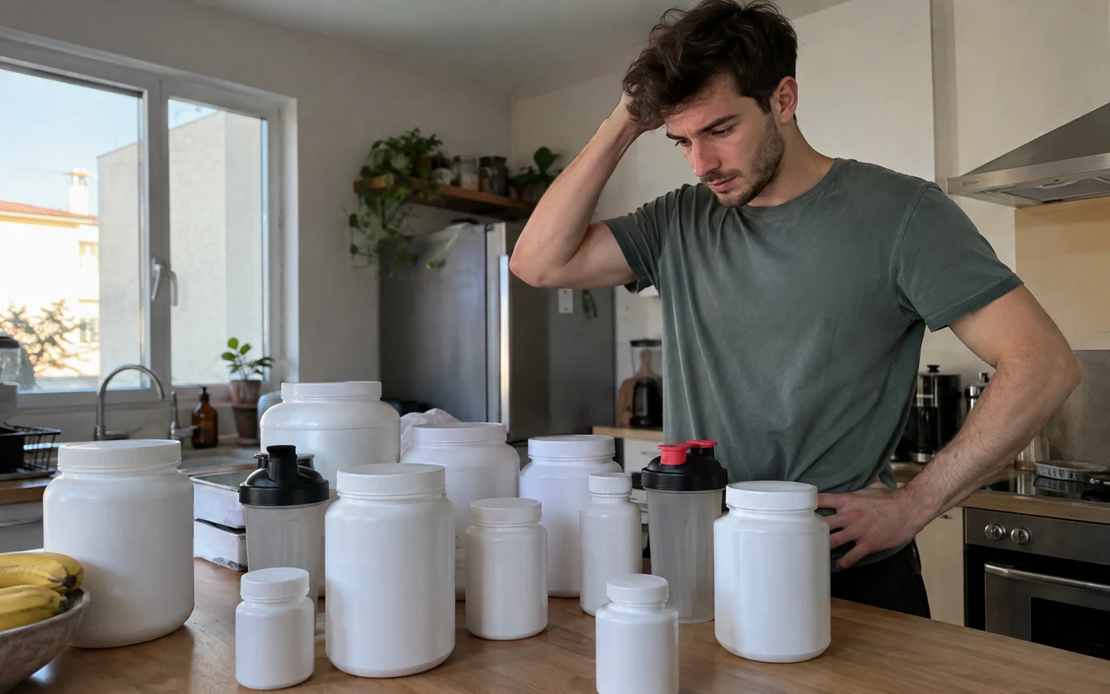 Jeune homme perplexe devant un plan de travail couvert de pots de compléments sans étiquette.
