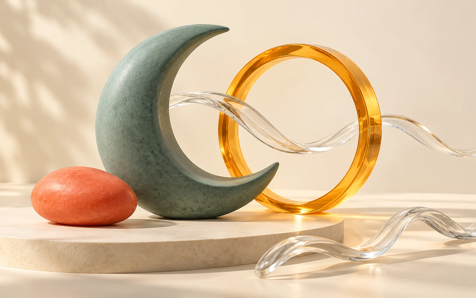 Sculpture de croissant jade, anneau ambre et rubans de verre sur un socle crème