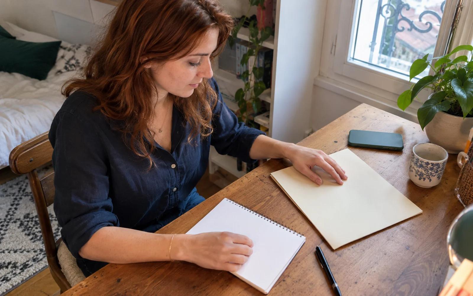Une femme prépare un carnet et un dossier crème à un bureau près d’une fenêtre