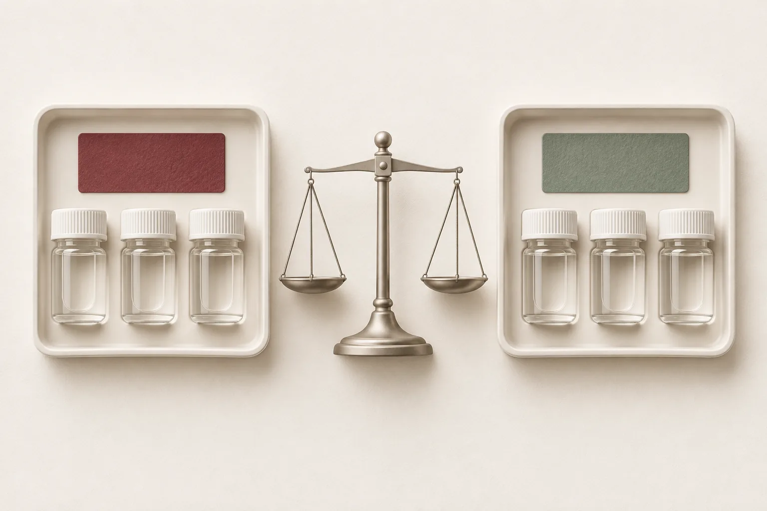 Deux séries de récipients identiques, différenciées par leur couleur, autour d’une balance : le principe d’une comparaison à conditions contrôlées.