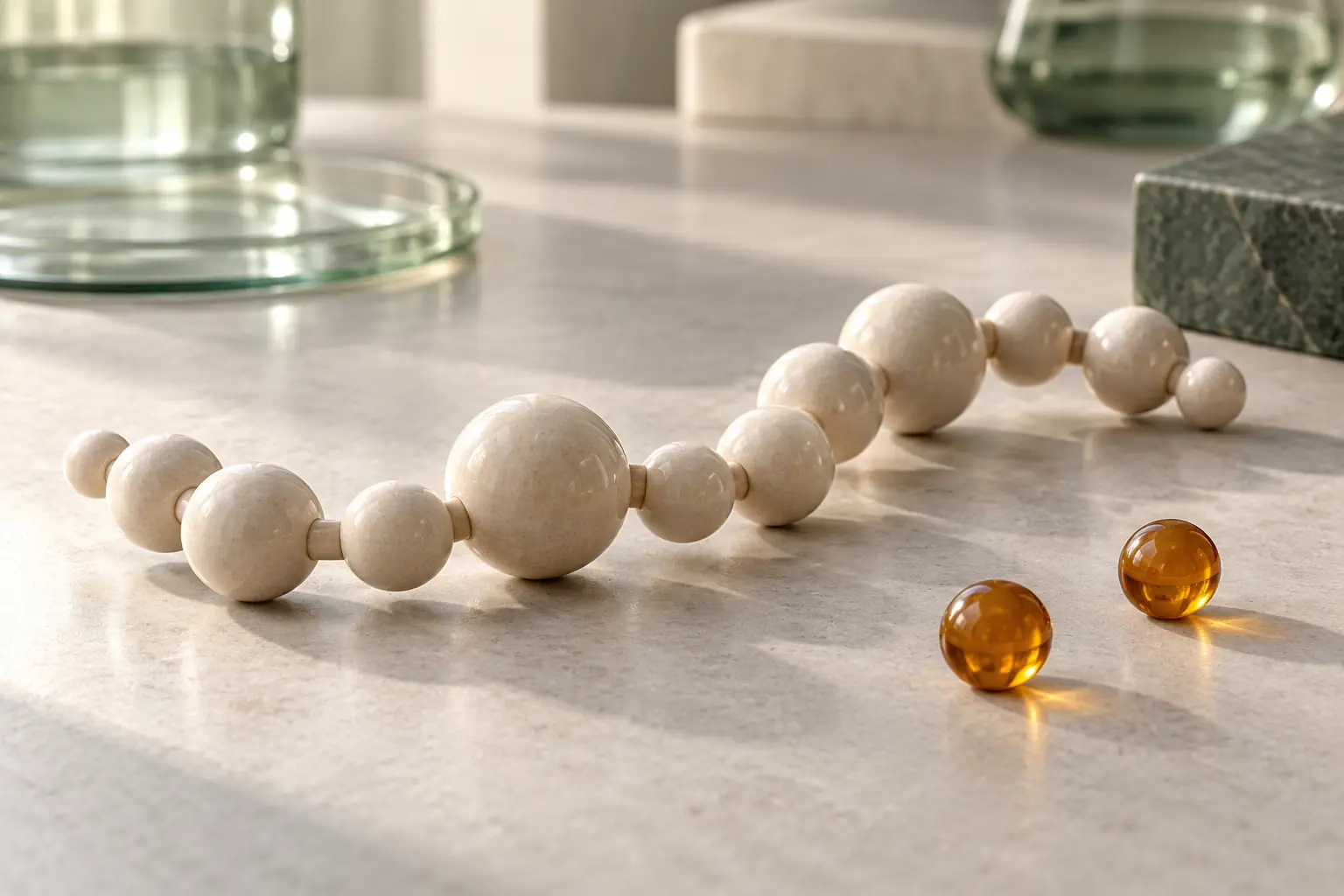 Chaîne de perles claires accompagnée de deux perles ambre, métaphore des espèces ioniques associées.