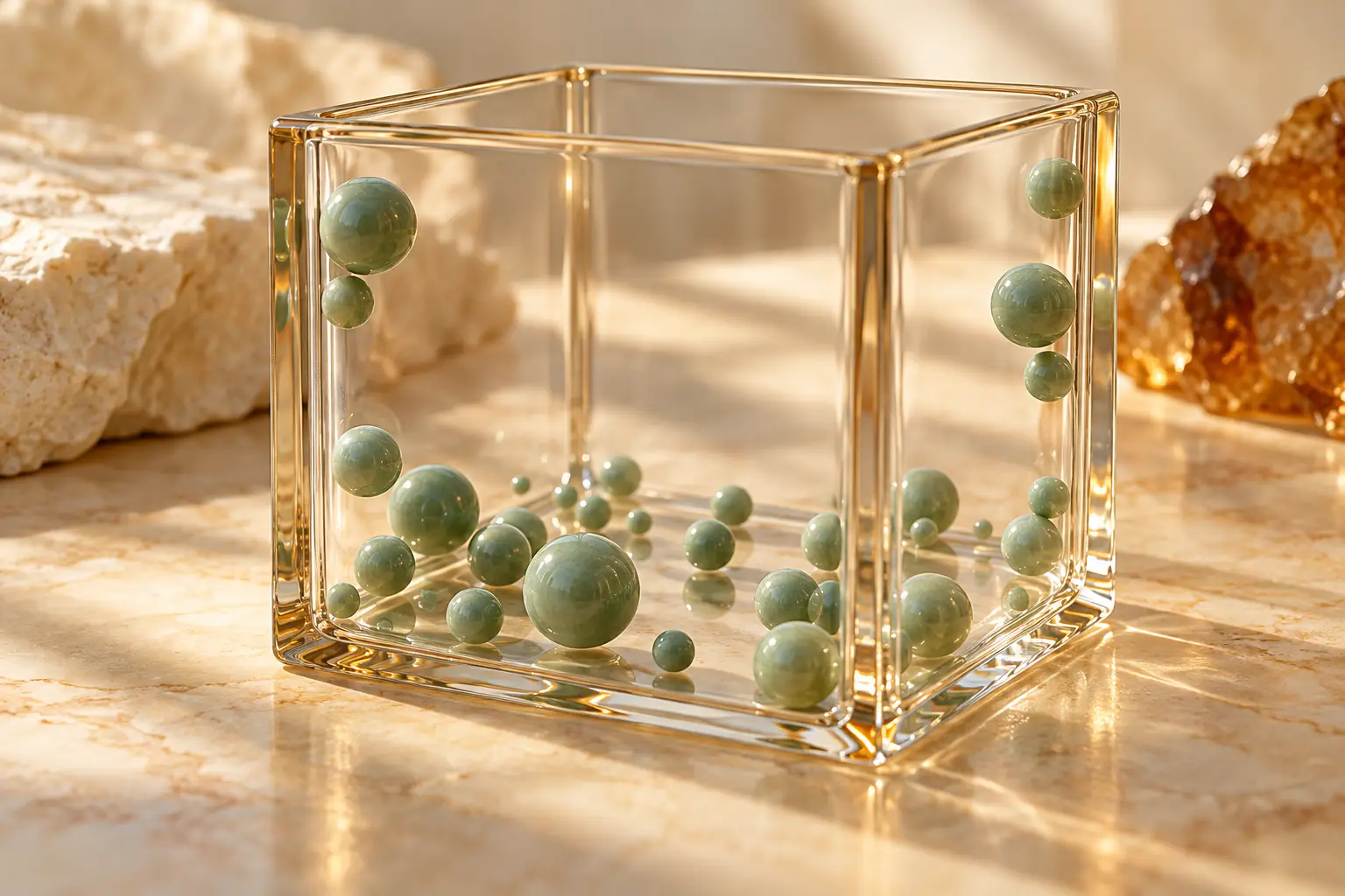 Billes jade au fond et contre les parois d’un récipient transparent, métaphore de l’adsorption sur une surface.