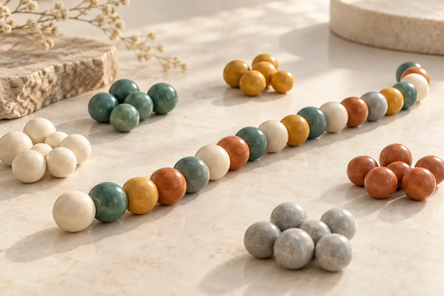 Chaîne de perles colorées et groupes de perles séparées, métaphore de la composition en acides aminés.