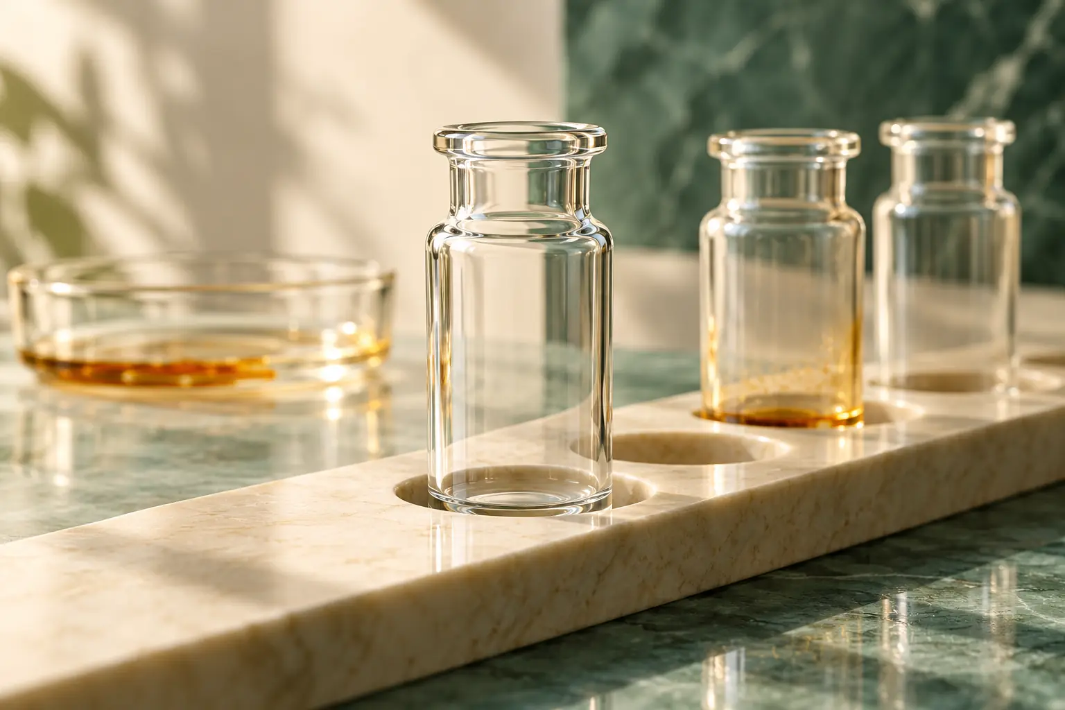Flacons transparents et coupelles présentant une trace ambre, illustration conceptuelle des blancs analytiques.