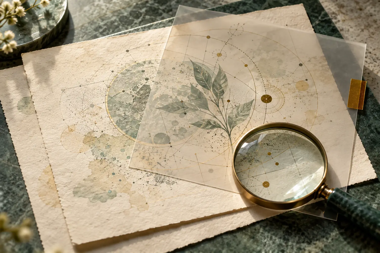 Feuilles illustrées superposées, loupe et onglet ambre, métaphore d’une relecture et d’une correction transparente.
