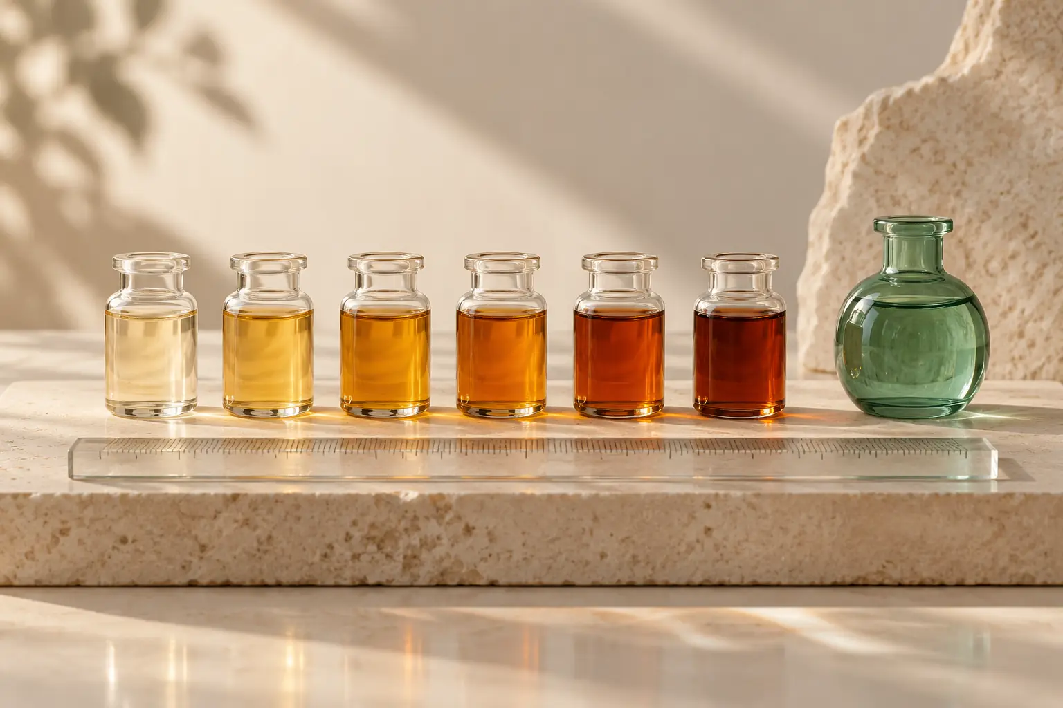 Flacons présentant des teintes d’ambre croissantes et un flacon jade, illustration conceptuelle d’un étalonnage.