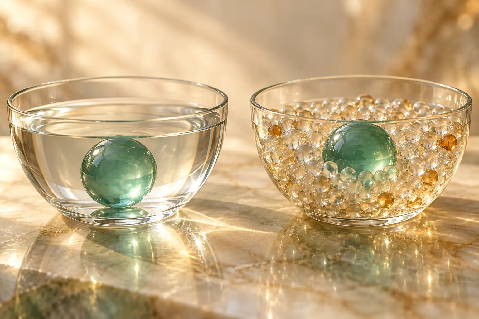 Deux sphères jade dans des récipients, l’une entourée de petites billes, métaphore des effets de matrice.