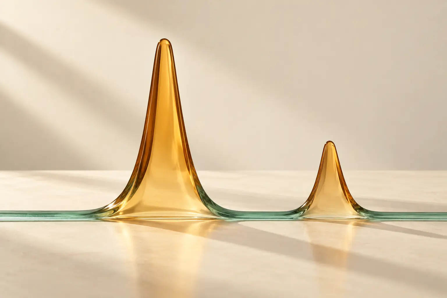 Deux pics en verre ambre reposant sur une ligne jade, métaphore de l’intégration chromatographique.