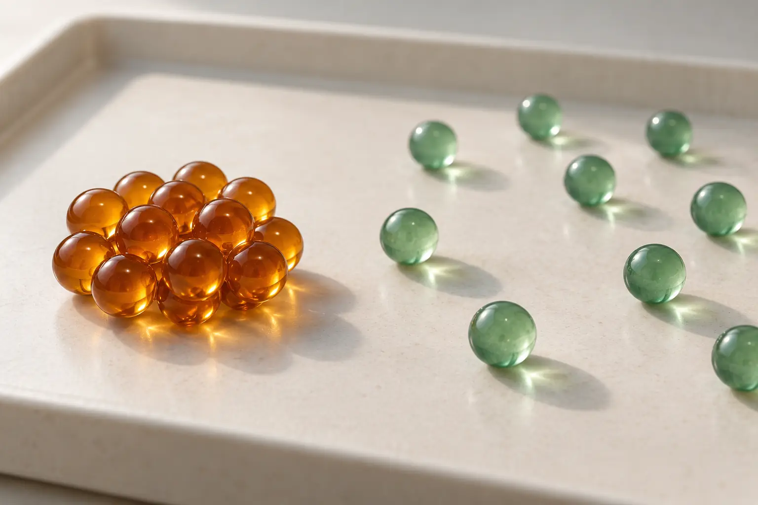 Un groupe de billes ambre serrées et un groupe de billes jade dispersées, illustration de la dispersion.