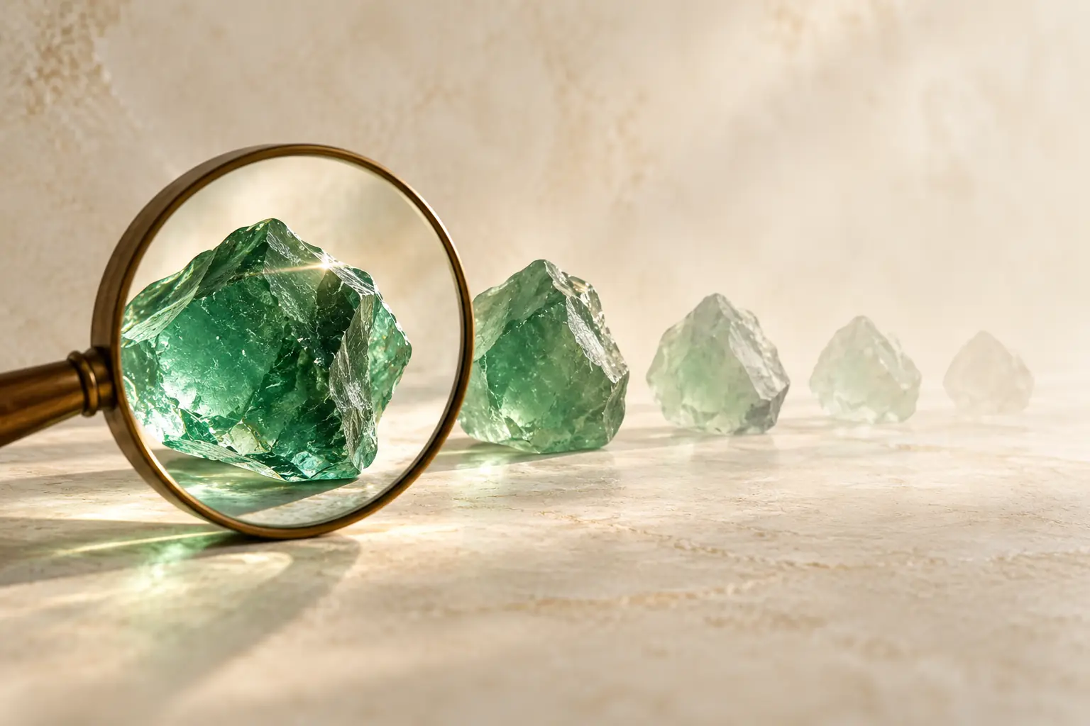 Formes de verre jade progressivement moins visibles derrière une loupe, métaphore des limites de mesure.