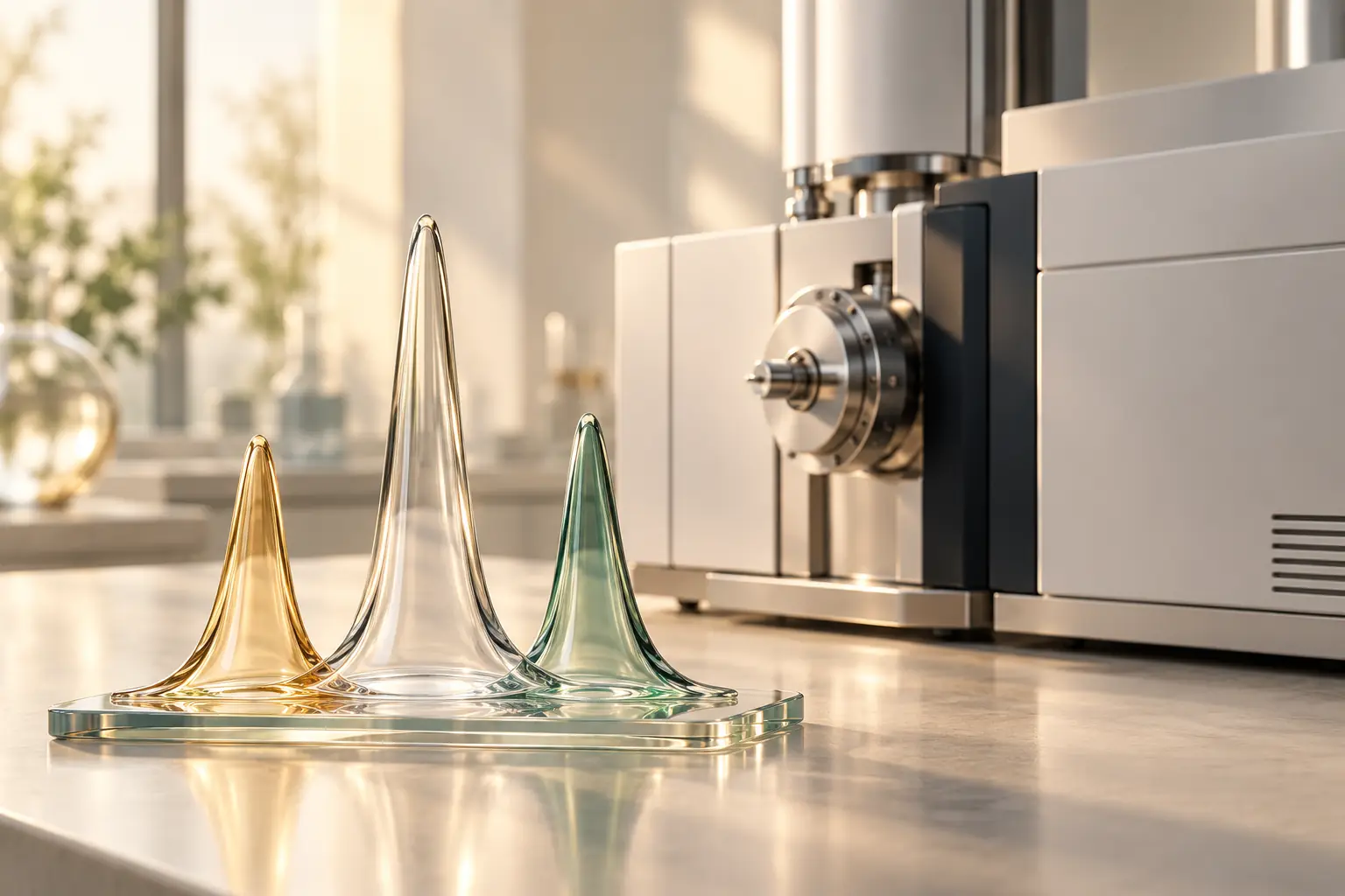 Trois formes de verre évoquant des pics à côté d’un instrument de spectrométrie, sans données numériques.