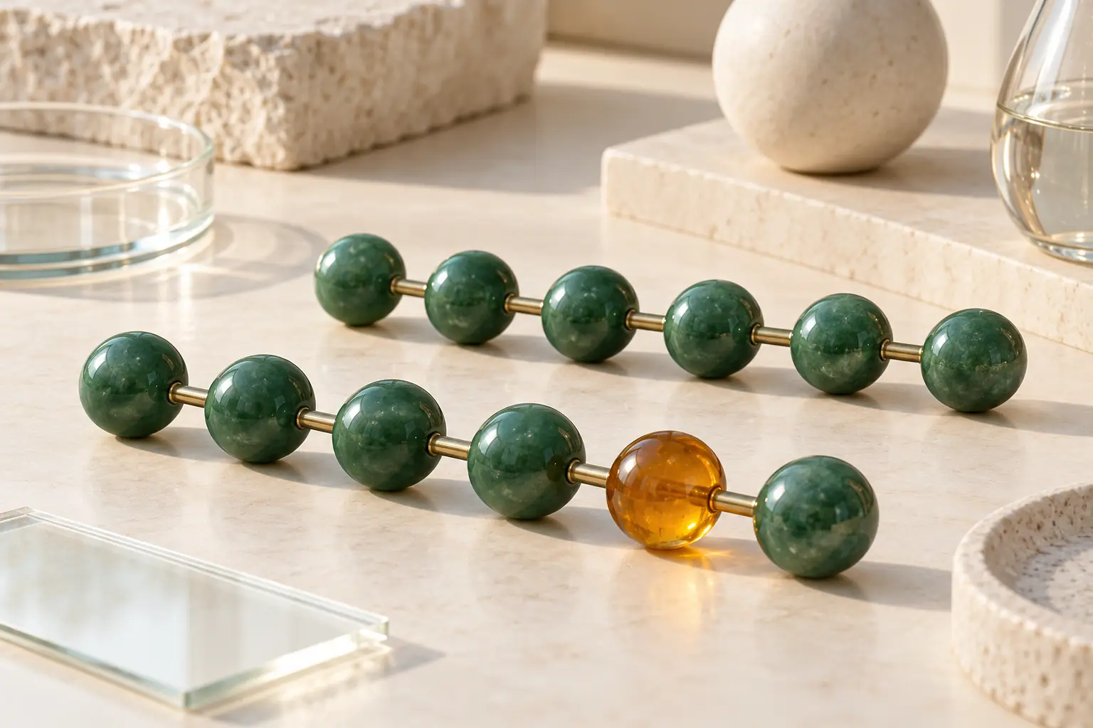 Deux chaînes de perles jade dont une comporte une perle ambre, représentation conceptuelle d’une modification.
